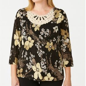 Alberto Makali blouse crinkle cut black/tan top keeled neckline stretch SZ L